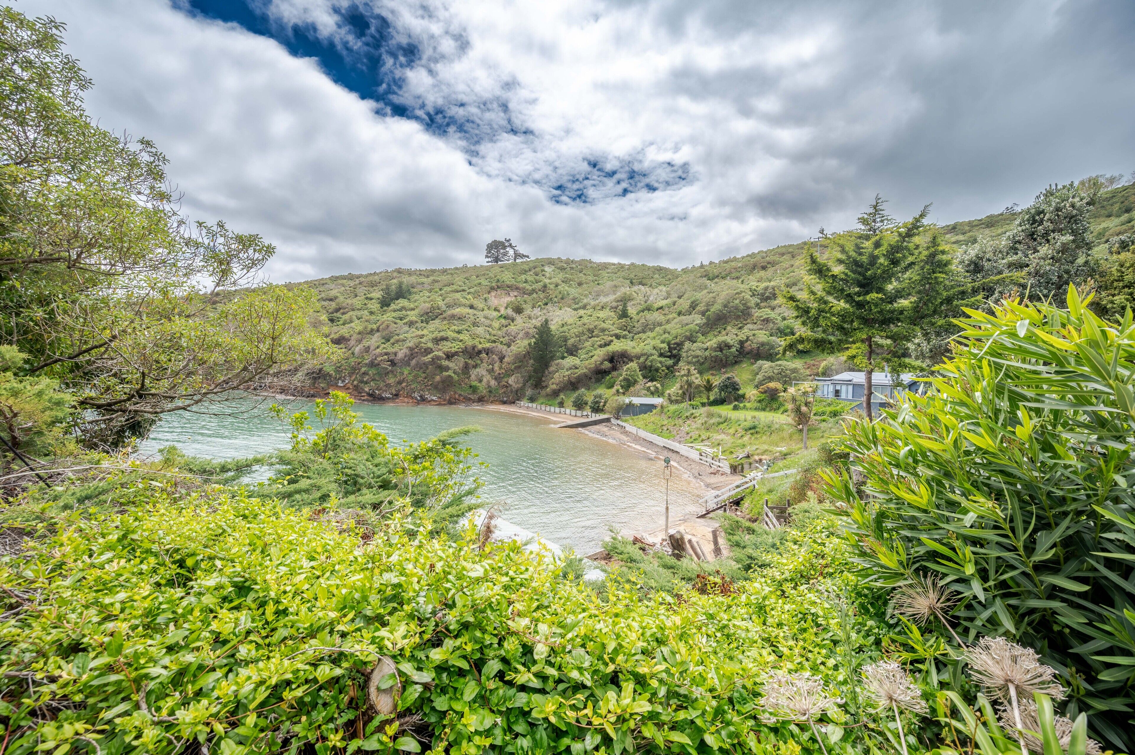 A coastal landscape with a body of water, lush greenery, and a hill in the background.