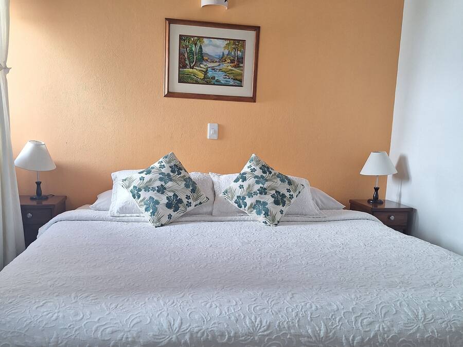 A neatly made bed with floral pillows, a framed landscape painting above it, and two bedside tables with lamps.