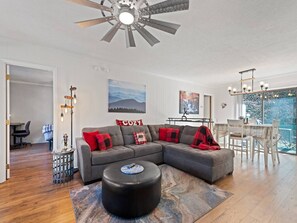 Smart TV, fireplace, books