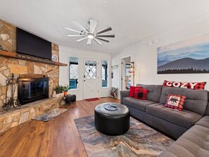 Smart TV, fireplace, books