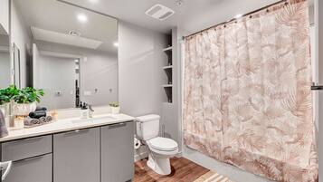 Hair dryer, towels, soap, shampoo