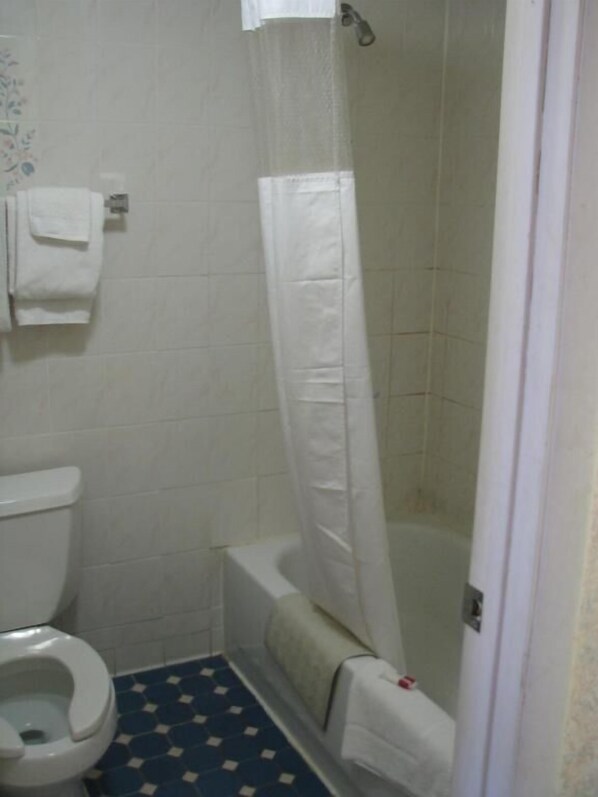 Een kleine badkamer met toilet, douche met gordijn en betegelde vloer.
