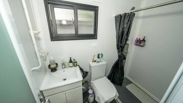 Hair dryer, towels, soap, shampoo