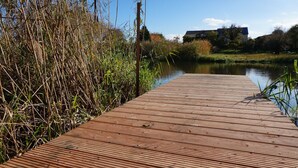 A wooden dock extending into a calm body of water, surrounded by tall grasses and a clear sky.