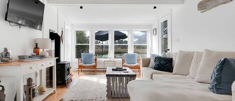 Smart TV, chimenea y libros