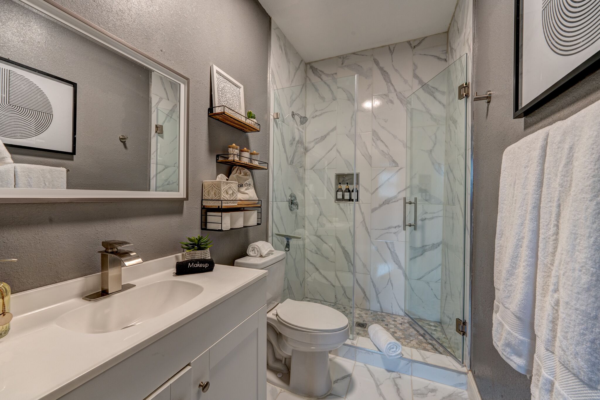 Hair dryer, towels, soap, shampoo