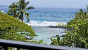 Une vue sur la côte, avec des palmiers et les vagues de l’océan.