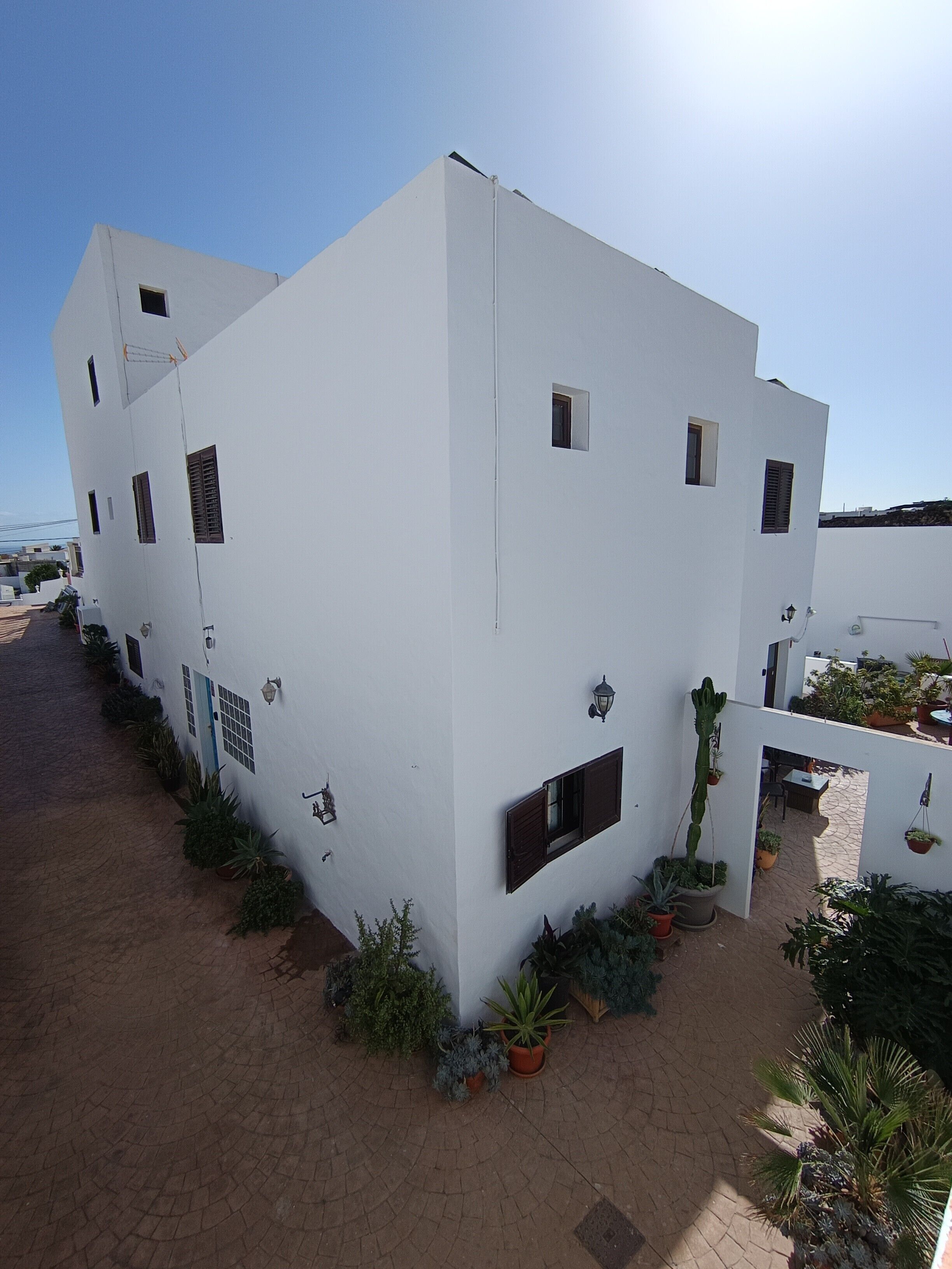 Un bâtiment blanc doté de nombreuses fenêtres, d’une porte et de plantes en pot disposées autour de sa base.