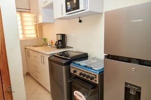 Frigorífico, microondas, horno y placa de cocina