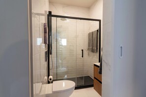 Bathroom features a glass-enclosed shower, toilet, and wooden vanity with mirror.