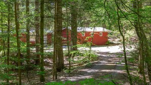 A forested area with a dirt path leading to a red cabin. - Stunning home in Silkeborg with WiFi (Silkeborg)