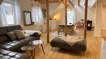 Smart TV, fireplace, books