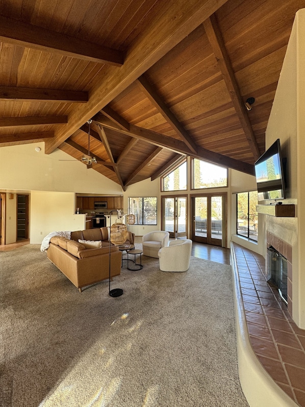 Smart TV, fireplace, books