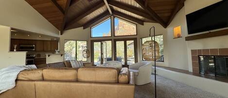 Smart TV, chimenea, libros