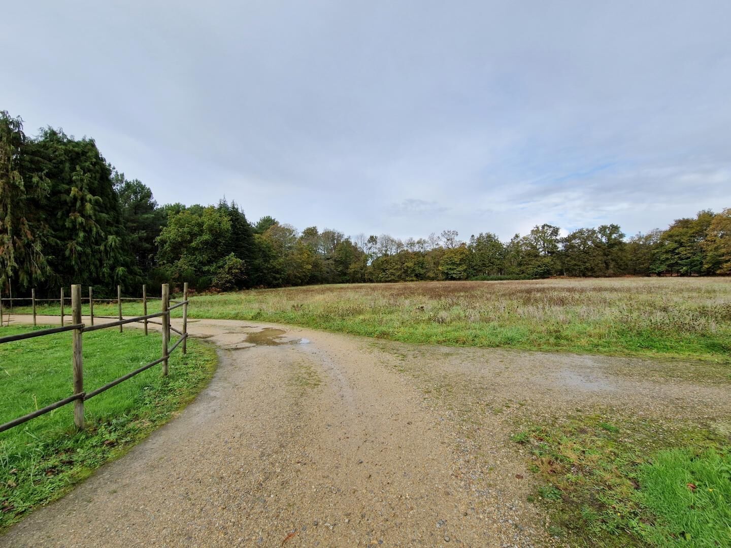 A gravel path leading through a rural landscape with a wooden fence on one side and a field on the other.