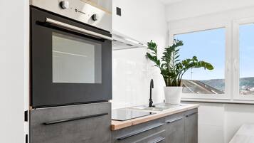 Fridge, stovetop, dishwasher, coffee/tea maker