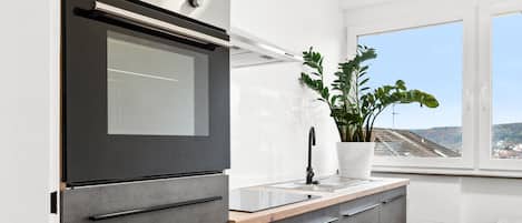 Fridge, stovetop, dishwasher, coffee/tea maker