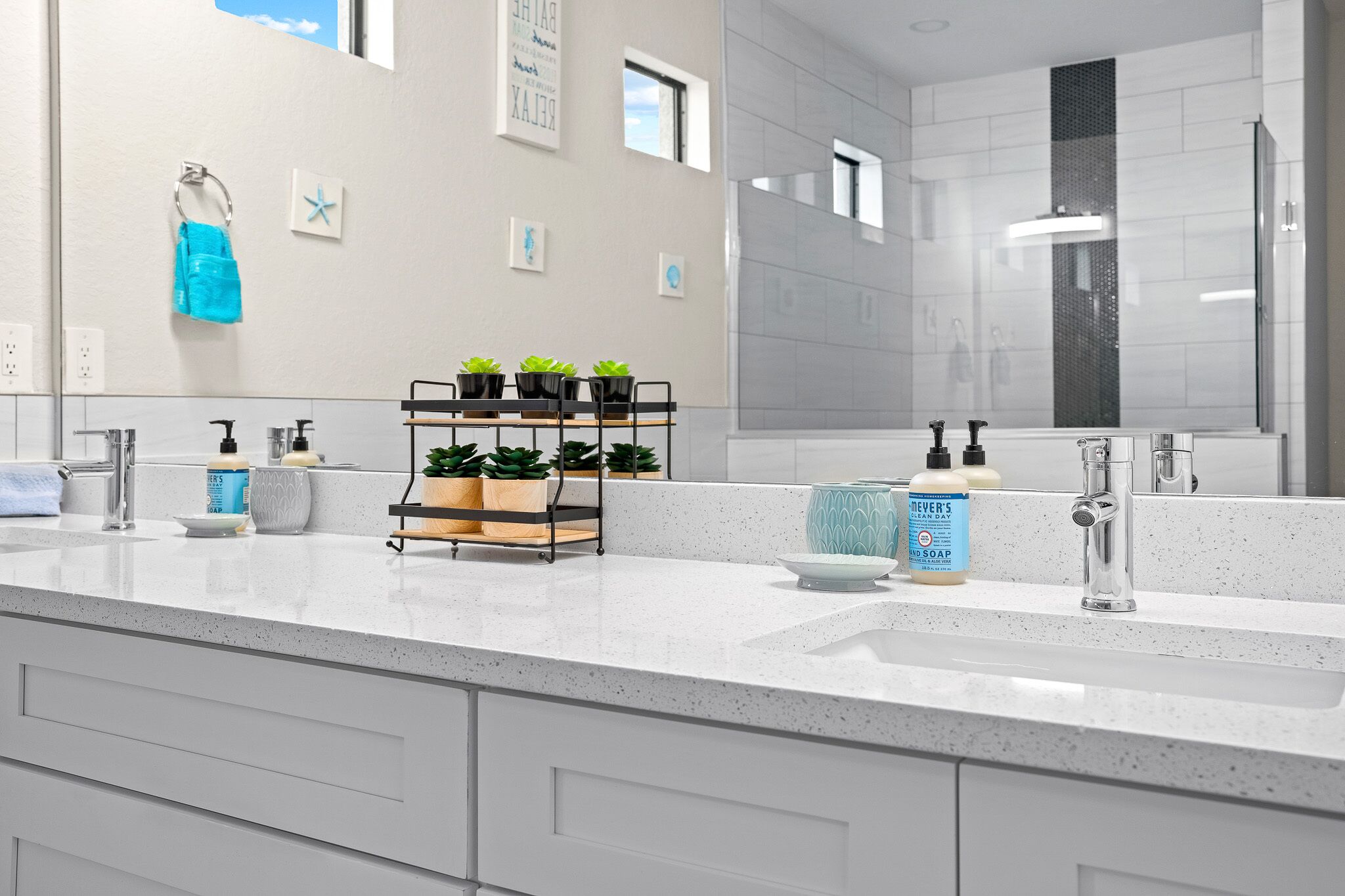 Hair dryer, towels, soap, shampoo