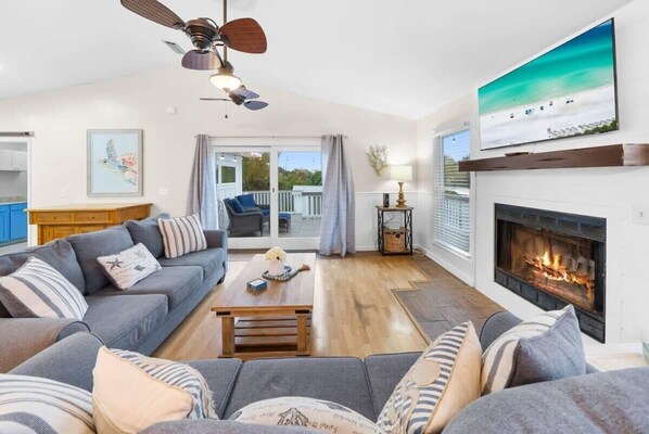 テレビ、暖炉、書庫、ステレオ