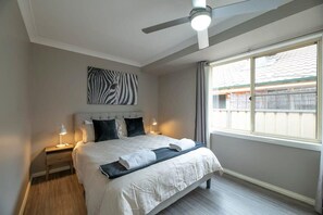 4 bedrooms, desk, iron/ironing board, travel cot