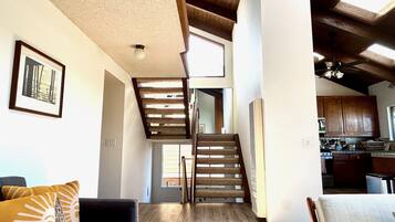 TV connectée, cheminée, livres, écrans d'ordinateur