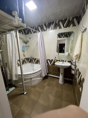 Hair dryer, towels, soap, shampoo