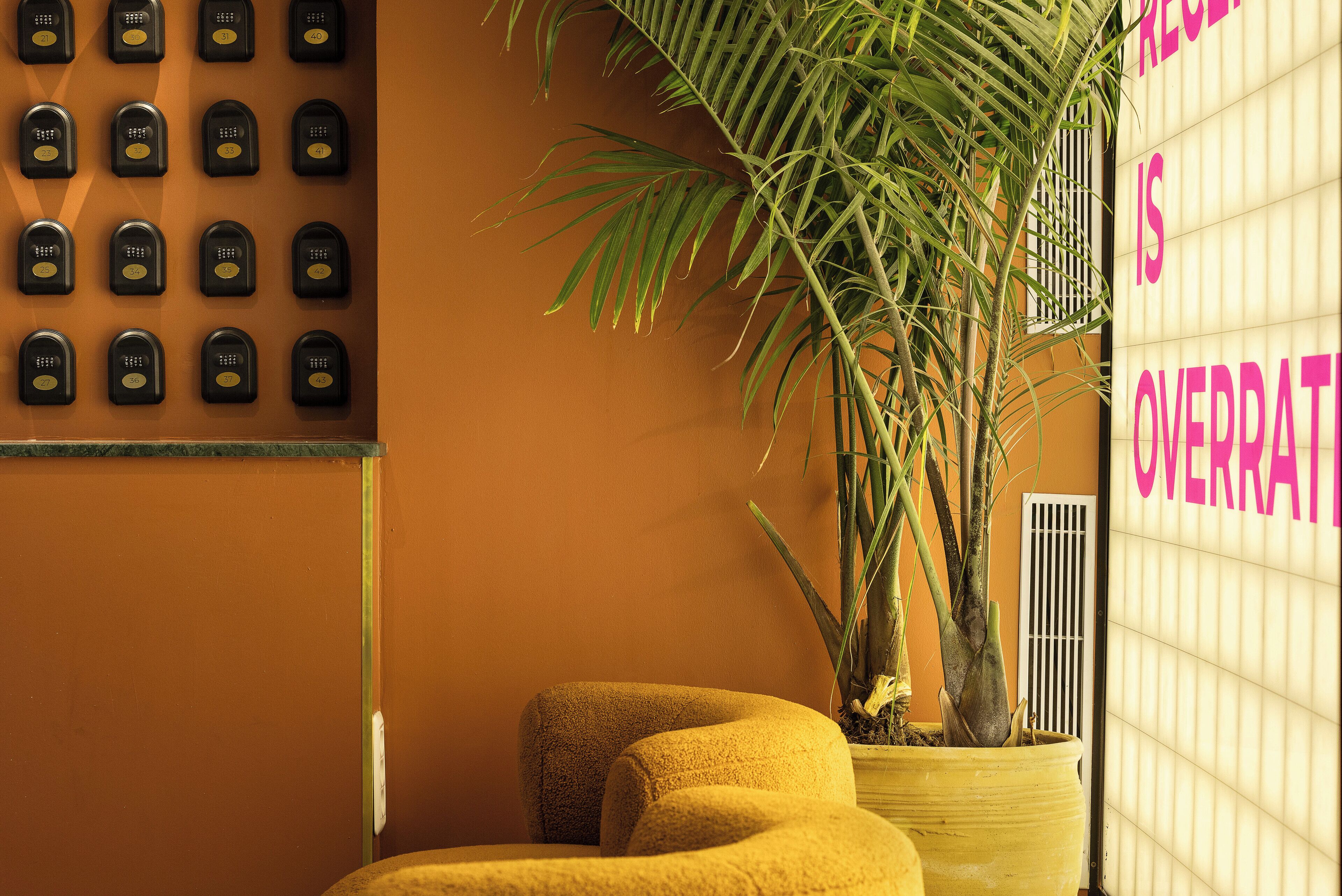 A room with a wall-mounted keycard system, a large potted plant, and a sign with partially visible text.