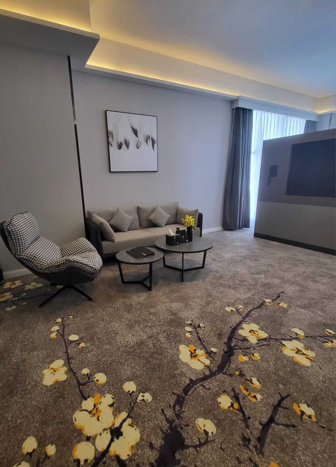 Ein modernes Wohnzimmer mit einer Couch, einem Couchtisch und einem gemusterten Teppich.