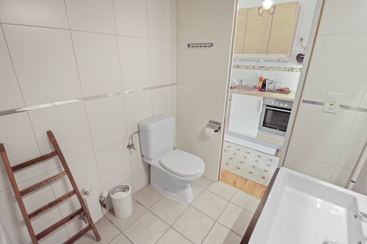 Une salle de bain avec des toilettes, un lavabo et une échelle en bois.