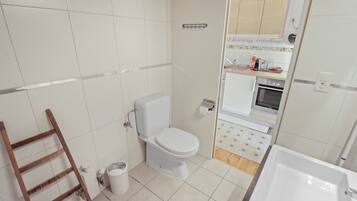 Une salle de bain avec des toilettes, un lavabo et une échelle en bois.