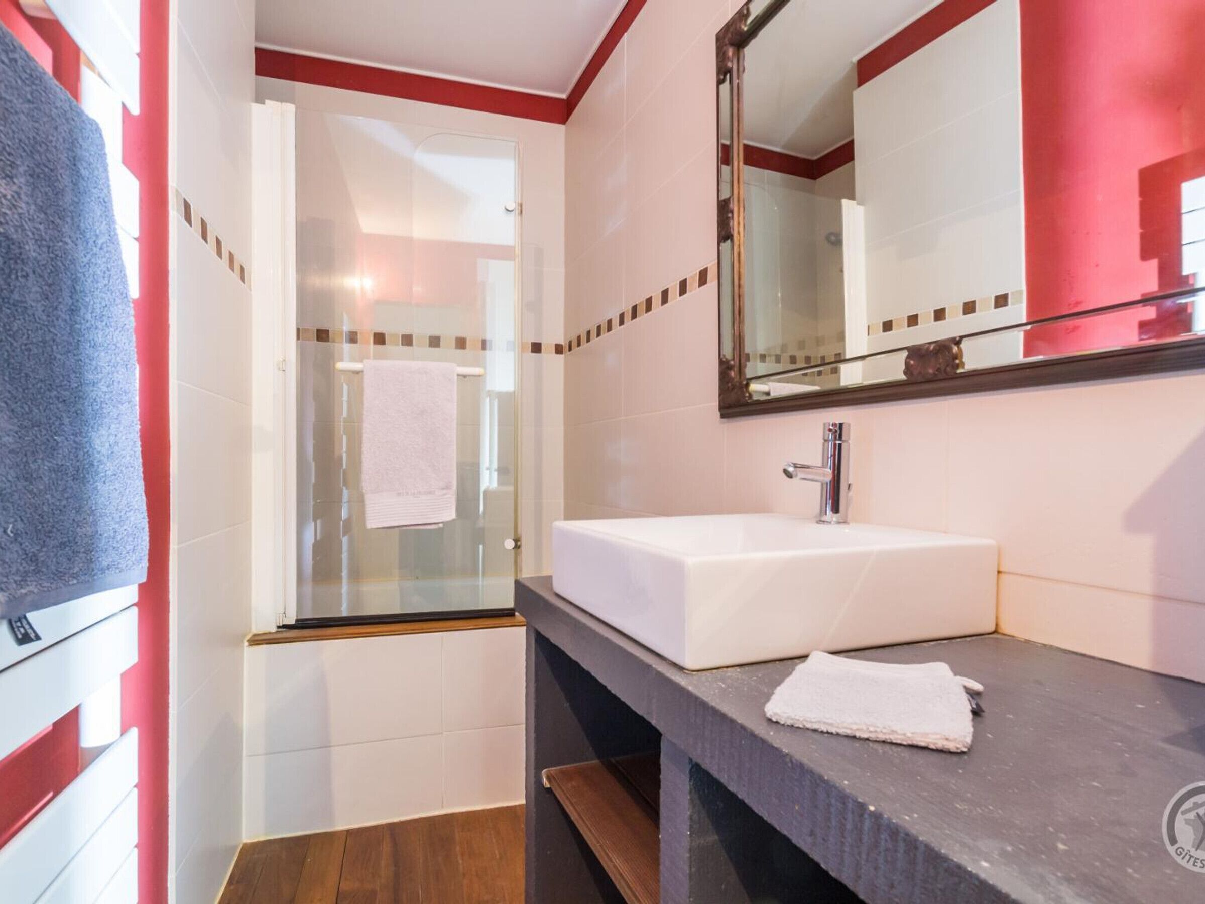 A bathroom with a glass shower enclosure, a white sink, and a mirror above it.