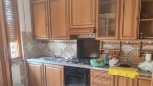 Une cuisine avec des meubles de rangement en bois, une cuisinière à gaz, un évier et un four.