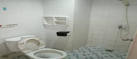 A small bathroom with a toilet, a shower, and a tiled floor.