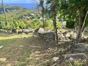 A tropical landscape with a view of a coastal town, large rocks, and palm trees.