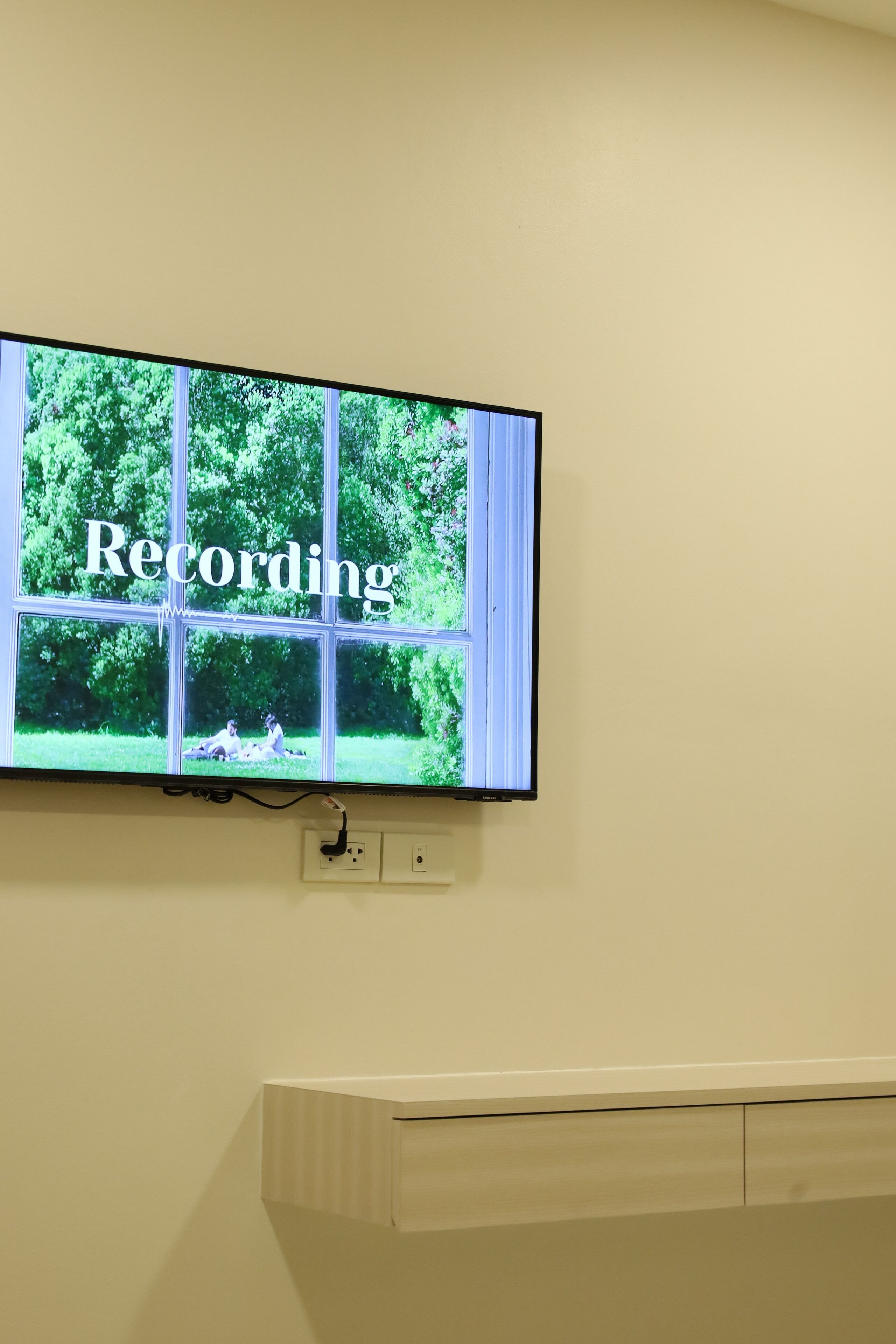 A television mounted on a wall displaying a nature scene with the word "Recording" on it.