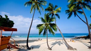 A beach with palm trees, a lifeguard stand, and the ocean.