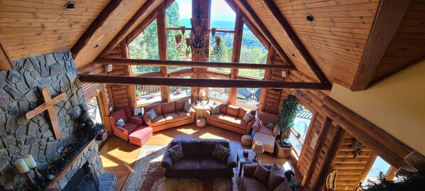 Televisión, chimenea y libros 