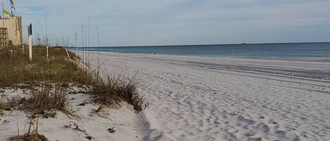 A sandy beach with a clear sky and calm sea.