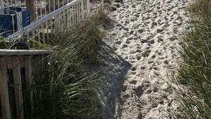 En sandstig som leder till havet, med en träkonstruktion på vänster sida.