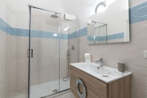 Shower, hair dryer, bidet, towels