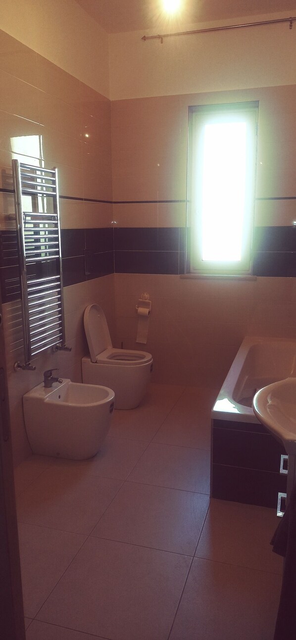 Hair dryer, bidet, towels, soap