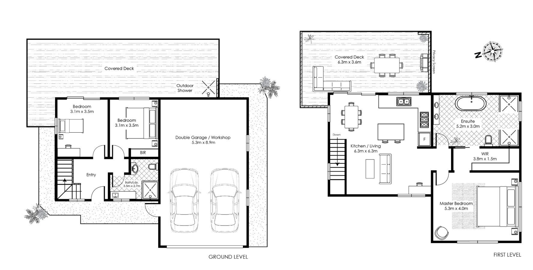 A two-story house layout with a covered deck, two bedrooms, a double garage/workshop, a bathroom, and a kitchen.