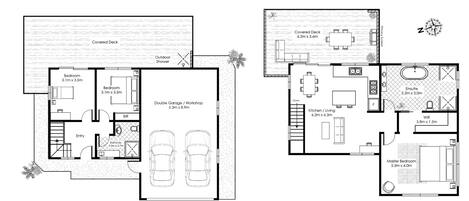 A two-story house layout with a covered deck, two bedrooms, a double garage/workshop, a bathroom, and a kitchen.
