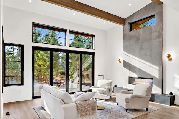 Smart TV, fireplace, books, stereo