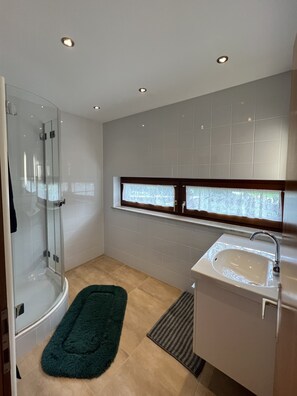 Shower, hair dryer, towels