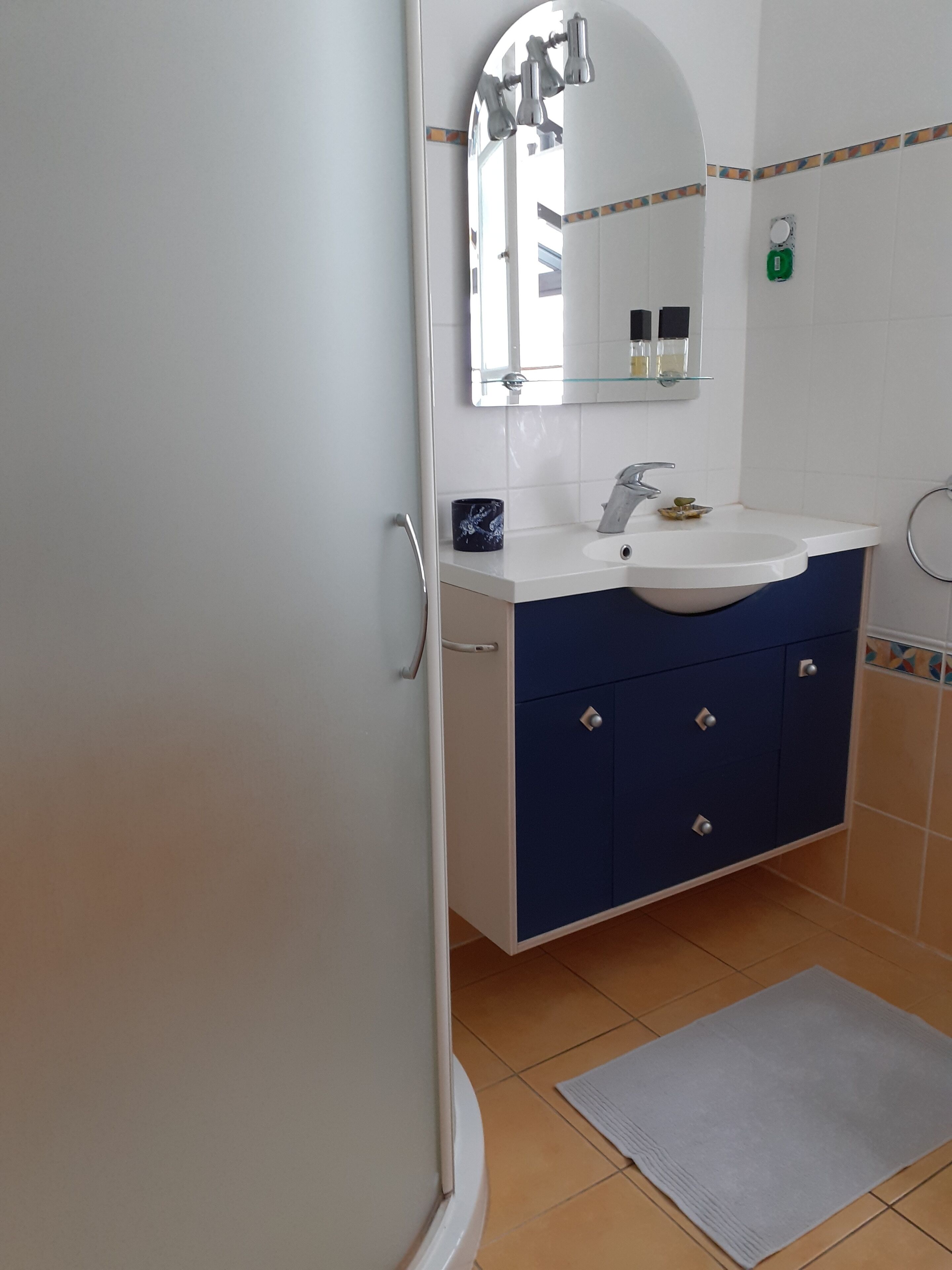 Ein Badezimmer mit einem weißen Waschbecken, blauen Schränken, einem Spiegel und einem Handtuch auf dem Boden.