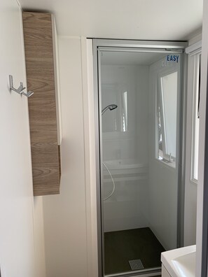 Bathroom features a glass-enclosed shower with handheld showerhead and sink with faucet.