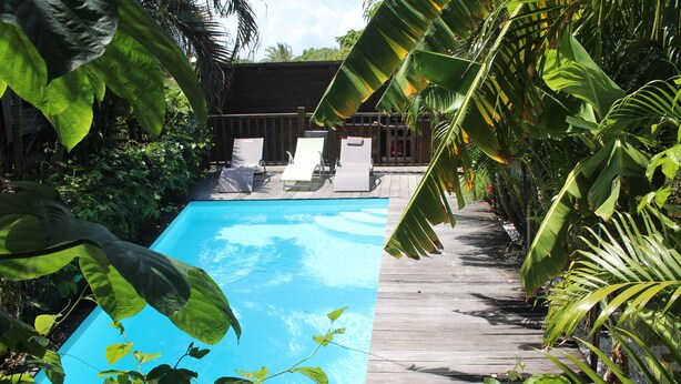 A swimming pool with lounge chairs, surrounded by tropical plants and a wooden deck.