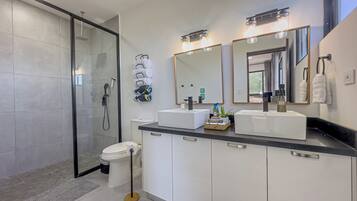 Shower, hair dryer, towels, soap
