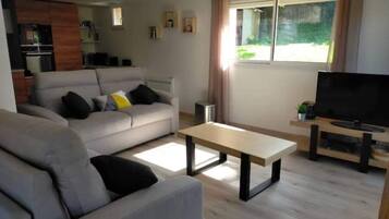 Televisie, een tafeltennistafel, boeken en een kantoor